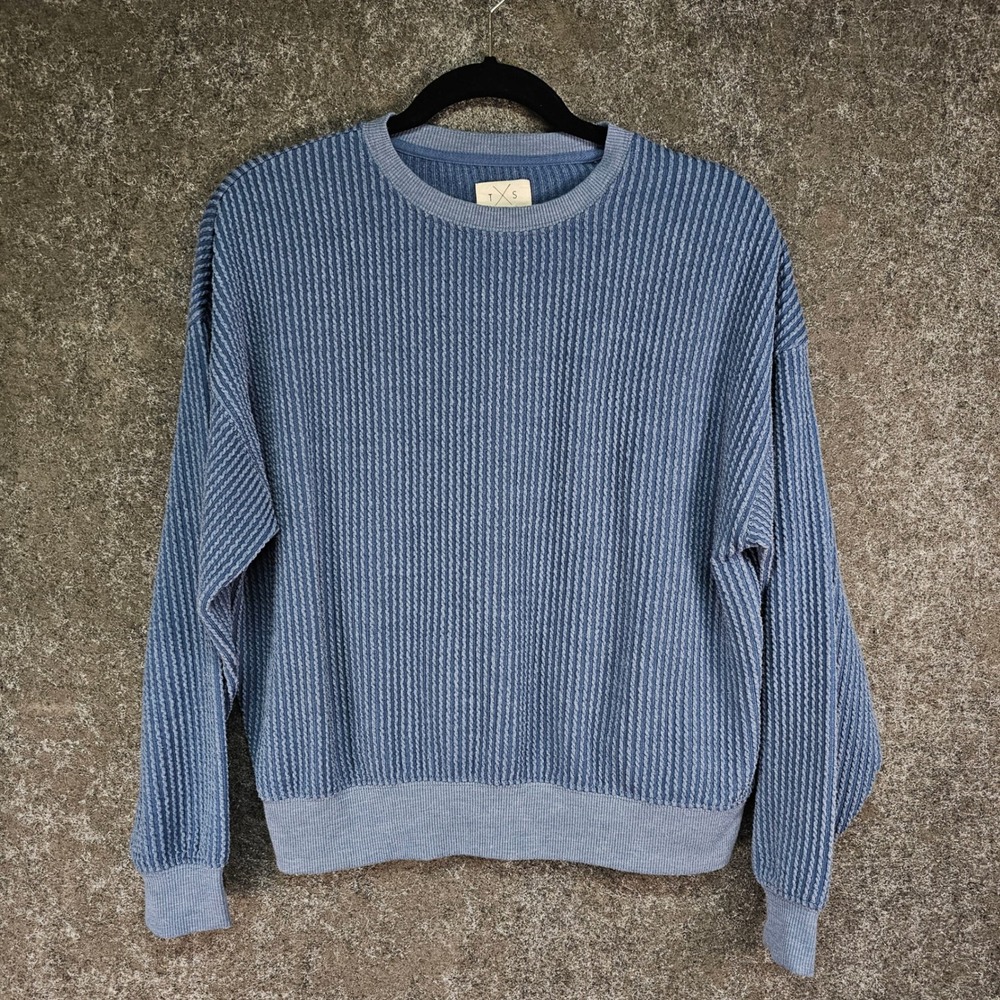 T x S by Thread & Supply Wavy Ribbed Knit Sweatshirt, Moonlight Blue, Small